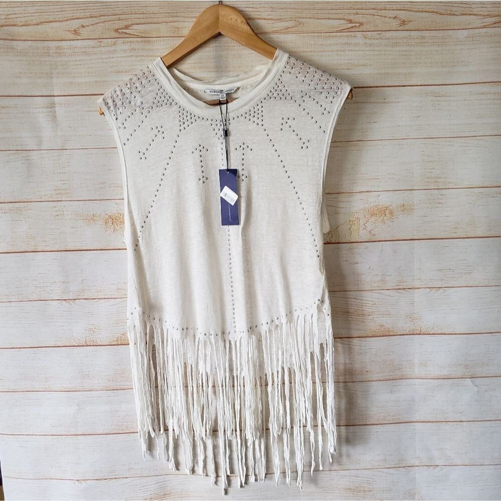 Rebecca Minkoff Gemini Fringe 100% Linen Sleeveless Muscle Tank Top with Studs